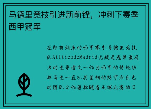 马德里竞技引进新前锋，冲刺下赛季西甲冠军